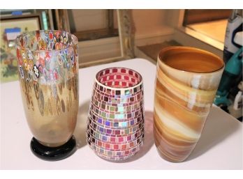 3 Art Glass Vases One Vase In The Italian Millefiori Pattern Signed By Glass Studio Two Vases Are Handmade