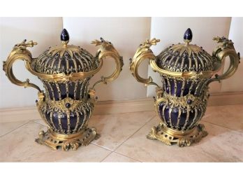 Tall Decorative Heavy Blue & Gold Urns With Lids And Handles