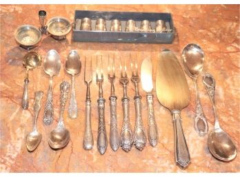 Assorted Flatware Pieces With Sterling Handles, Sterling Salt Dishes & Box Of 6 Sterling Shakers