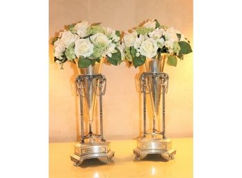Pair Of Decorative Engraved Planters With Faux Flowers