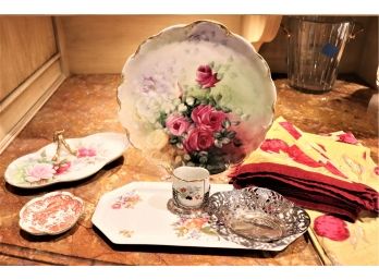 800 Silver Dish France , Plate A.C Hantz1903 Painted Dish Toothpick Holder 800 Silver, Floral Trays, Tableclot