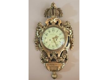Swedish Gilt Wall Clock By Rob Engstrom Stockholm With Hand Carved Wood Floral Detail & Crown Includes A Key