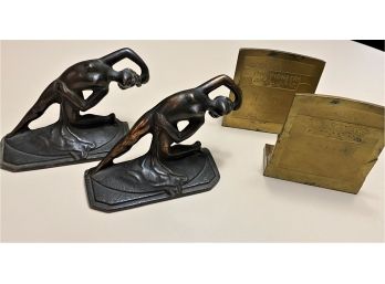 2 Sets Vintage Bookends Of Graceful Dancer & Brass B/E' Pioneers Em-Gee Employees Assn No 1932 Pompeian Bronze