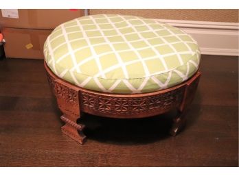 Unique Hand Carved Wood Ottoman With A Green Lined Pillow