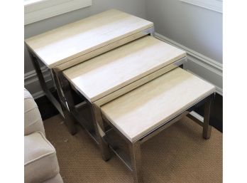 Set Of 3 Chrome & Travertine Nesting Tables - Really A Beautiful Set