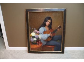 Signed Handpainted Art Of Young Woman Playing Guitar By Dezie, Floridian Artist.