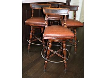 4 Quality Swivel Bar Stools With Foot Rest - Back Rest, Nail Head/Leather Cushion- Amazing Details Throughout