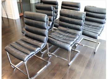 Set Of 6 Restoration Hardware Modern Collection Dining Chairs With A Chrome Frame & Leather Cushions