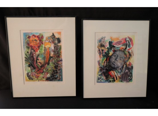 Set Of 2 Monoprint Collages, One Of A Kind, Unique Contemporary Abstrac Art In Black Metal Frames  16W X 19.5H