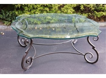 Scalloped Edge Glass Top Coffee Table With Black Scrolled Wrought Iron Base