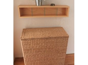 Woven Rattan Hamper, Blonde Wood Compartment Shelf & Decorative Accessories