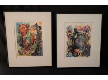 Set Of 2 Monoprint Collages, One Of A Kind, Unique Contemporary Abstrac Art In Black Metal Frames  16W X 19.5H