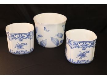 3 Blue And White Tiffany & Co Porcelain Planters - 2 Tiffany Delft & 1 Tiffany Nature