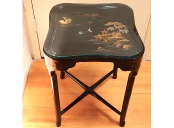 Black Lacquered Asian Style Side Table With Gilded & Silvered Scenes With Custom Glass Top
