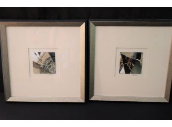 Set Of 2 Dynamic Mixed  Media Abstract Collages In Antiqued Silver Detailed Frames  11.5SQ