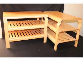 Pair Of Vintage Ikea Blonde Bent Wood Benches/End Tables With Open Shelves