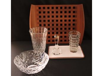 Vintage Teak Basketweave Pattern Tray And Tiffany & Co Crystal Bowl