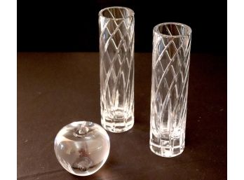 Pair Of Cut Crystal Bud Vases & Crystal Apple - Tiffany & Co