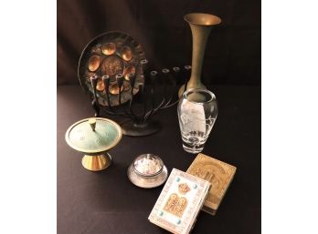 Assorted Decorative Judaica Accessories  Menorah, Prayer Book, Etched Vase & More