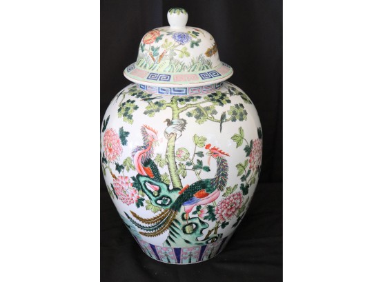 Finely Detailed Hand Painted Ginger Jar With Peacocks Among The Blossoms