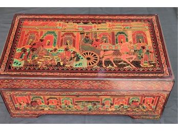 Large Vintage Thai Black Lacquered Box With Colorful Scenes Of The Court