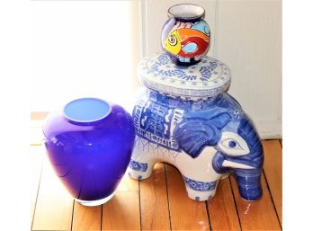 Blue & White Ceramic Elephant Stool, Cobalt Blue Glass Vase & More
