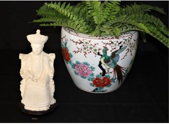 Hand Painted Porcelain Planter With Resin Empress On Wood Stand