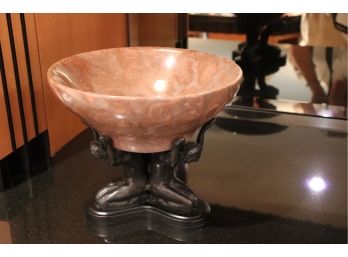 Carved Stone Bowl With Footed Bronze Finish Metal Stand