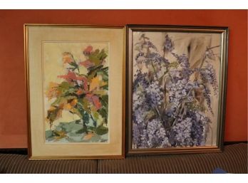 Pair Of Floral Inspired Paintings On Canvas In Gilded Frames