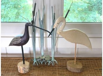 Lightweight Bronze Sculpture Of Cattails With Hand Carved & Painted Birds