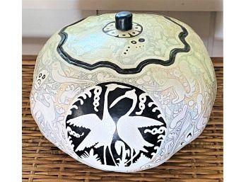 Fabulous Hand Painted & Incised Gourd Vessel With Lid