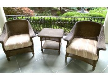 Pair Of Lloyd Flanders Loom All Weather Wicker Armchairs With Seat Cushions & Side Table