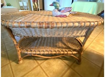 Woven Rattan Oval Coffee Table With Open Lower Shelf & Hand Painted Duck