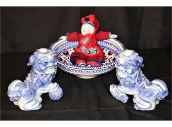 Blue & White Ceramic Decorative Accessories  Foo Dogs, Bowl & Thai Doll
