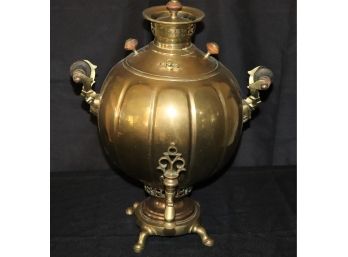 Antique Brass Samovar With Markings & Turned Wood Handles