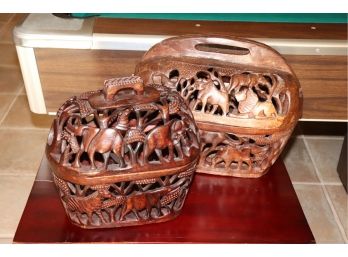 Pair Of Carved Wooden Decorative Boxes  Safari Motif