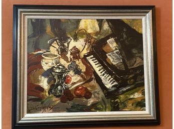 Signed Original Oil On Canvas Abstract Still Life In Wood Frame With Linen Mat