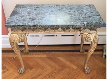 Antique Hand Carved Gilded Greek Key Console Table With Green Marble Top