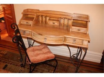 Rustic Pine Top Desk With Ornate Wrought Iron Metal Work Base & Chair