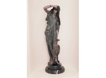 Cold Painted Bronze Reproduction On Black Marble Base - Goddess With Rose In Hair