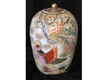 Hand Painted Chinese Jar With Detailed Botanical Scene