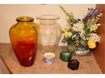 Assorted Sized Decorative Vases & Silk Floral Arrangement