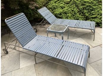 Pair Of Vintage Vinyl Strapped Lounge Chairs With Glass & Aluminum Side Table