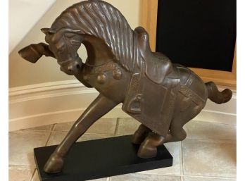 Unique Bronze Colored Plaster Horse On Black Wood Base