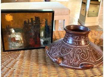 Abstract Painting In Metal Frame With Ethnic Pottery Vase