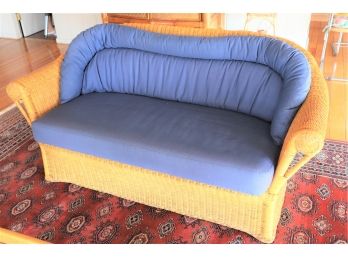 Classic Rattan Loveseat With Blue Bench & Seatback Cushions