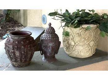 Metal Buddha Head Casting & Pair Of Ceramic & Resin Planters