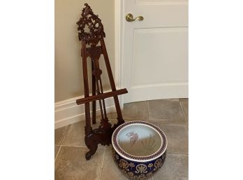 French Style Table Easel & Ceramic Planter With Gold Trim