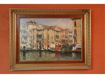 Vintage Painting On Board Landscape Painting Of Venice Italy In Ornate Gilded Frame
