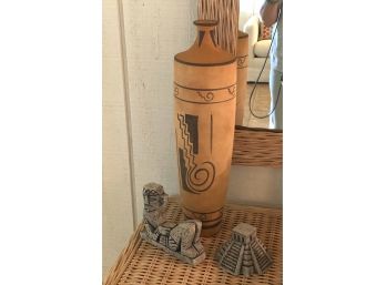 Hand Painted Clay Vase & Pair Of Cement Style Mayan Souvenirs